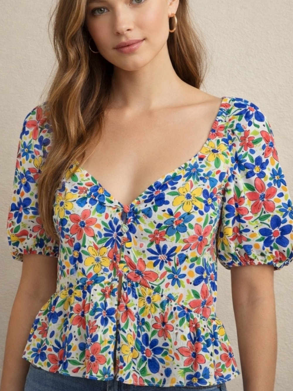 Topshop Floral Sweetheart Neck Puff Sleeve Buttoned Tea Peplum Blouse